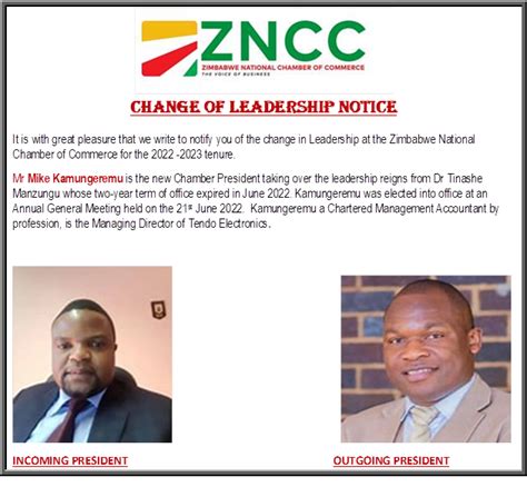 Zimbabwe National Chamber Of Commerce Change Of Leadership Notice Paccl