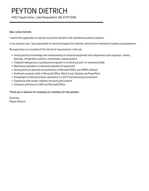 Maintenance Planner Cover Letter Velvet Jobs