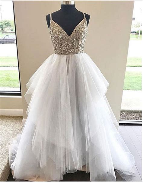 A Line V Neck Spaghetti Straps Tulle Long Wedding Dress With Beading On