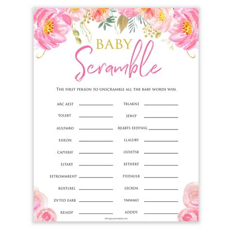Baby Shower Word Scramble Pink Blush Floral Baby Shower Games