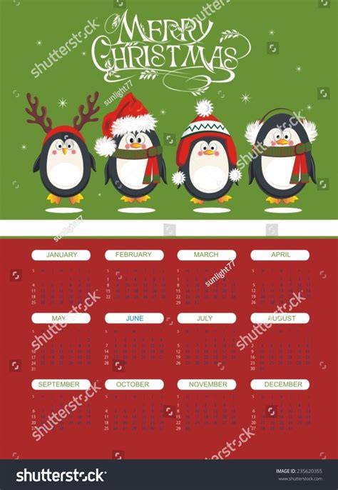 Merry Christmas Calendar With Penguins Stock Vector Illustration