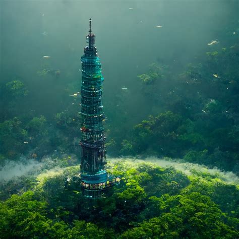 Prompthunt Aerial View Of A Giant Fish Tank Shaped Like A Taipei 101