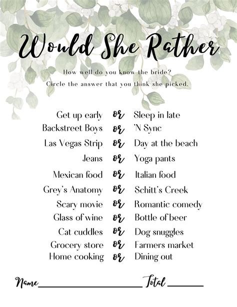 Would She Rather Bridal Shower Game Free Printable Pa Unveiled