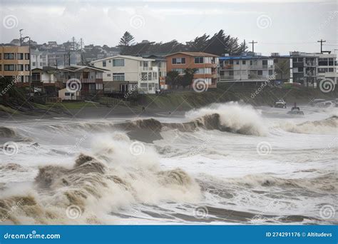 Tsunami Waves Crash Onto Shore And Breach Coastal Dikes Causing