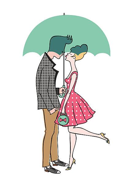 Cartoon Of Couple Kissing Rain Illustrations Royalty Free Vector