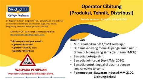 Pt nippon indosari corpindo sudah berdiri sejak tahun 1995 dan sudah memiliki banyak cabang di indonesia. Lowongan Kerja PT Nippon Indosari Corpindo (Sari Roti) Posisi Operator Plant Cibitung - Random ...