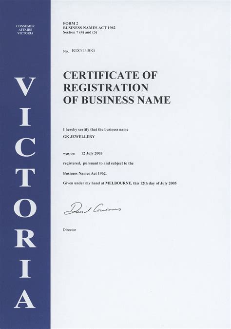Certificate Registration Of Business Name Gk Jewellery Melbourne