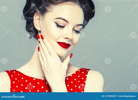 Pin Up Woman Portrait Beautiful Retro Female In Polka Dot Dress With Red Lips Stock Image
