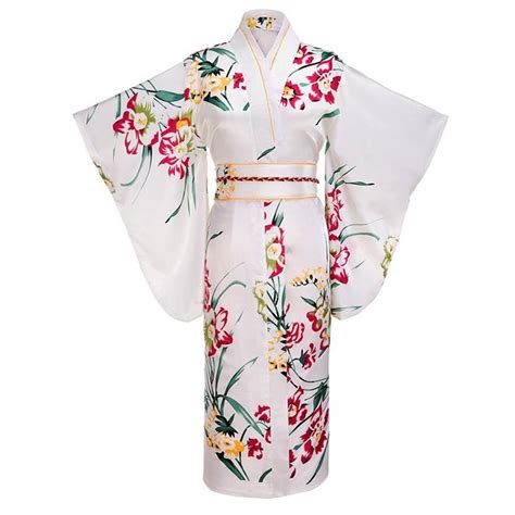2019 White Japanese Women Fashion Tradition Yukata Silk Rayon Kimono With Obi Flower Vintage