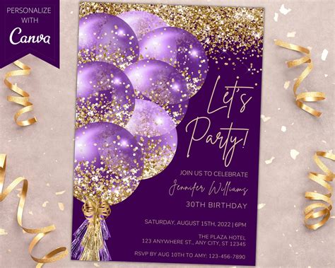 Editable Purple Gold Balloons Birthday Party Invitation Etsy