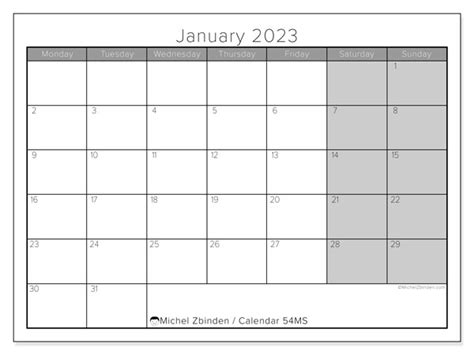 Calendar January 2023 Punctuality Ms Michel Zbinden Gb