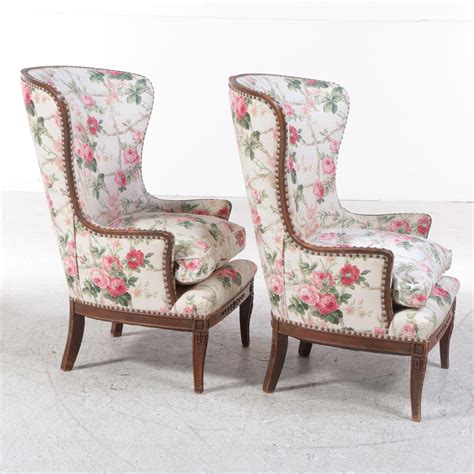 Pair Of Neoclassical Style Hardwood And Chintz Wingback Armchairs 20th