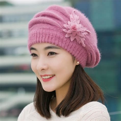 Warm And Cute Girls Ladies Hat Female Winter Knitted Beret Hat With Flower Womens Faux Rabbit