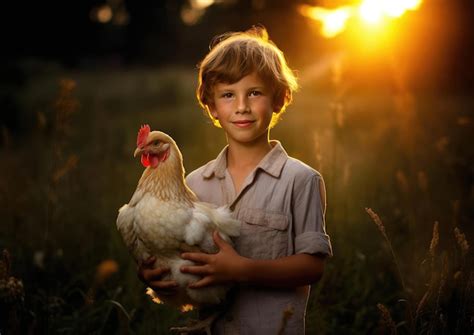 Premium Ai Image A Boy Holds A Chicken In His Hands