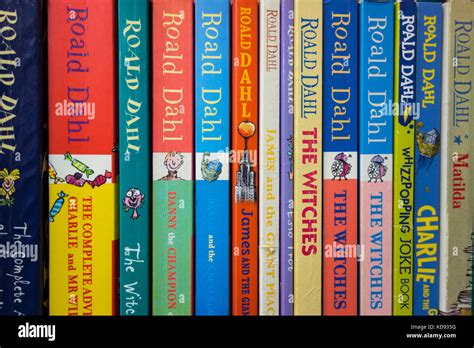 Closeup Of Colourful Roald Dahl Book Covers Spines Illustrations And