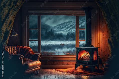 Cozy Cabin With A Fireplace And A Rain Covered Window Ai Generative