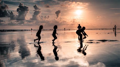 Wallpaper Sunlight Sunset Sea Children Water Sand Reflection
