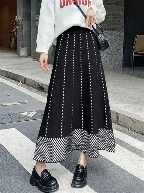 Tigena Vintage Plaid Maxi Knitted Skirt For Women Autumn Winter