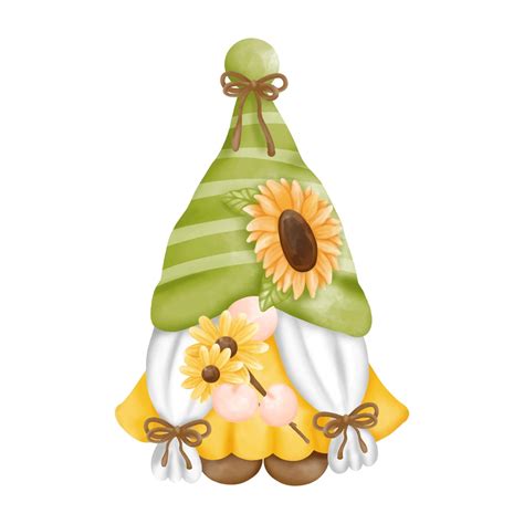 Digital Paint Watercolor Sunflower Gnomes Isolated On White Background