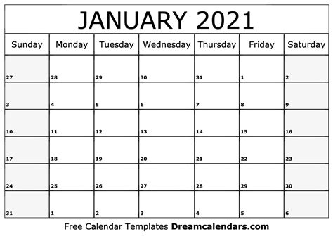 January 2021 Calendar Free Blank Printable With Holidays