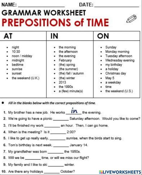 Prepositions Of Time Worksheet With Answers Preposition Exercises For Location Time And