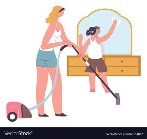 Daughter Helps Mother To Clean Apartment Chores Vector Image
