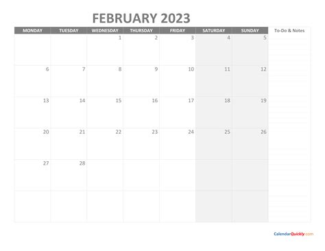 February Monday Calendar 2023 With Notes Calendar Quickly