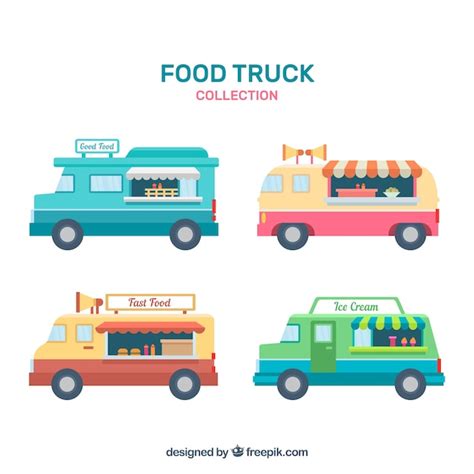 Conjunto Vintage De Food Trucks Planas Vector Gratis