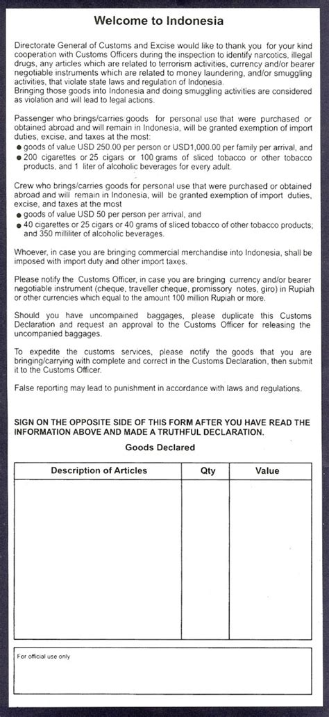 A declaration form (customs form no. Indonesia custom declaration form back - Bali in a nutshell