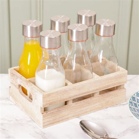 Set Of 6 Glass Bottles With Rustic Wooden Storage Crate Wooden Storage Crates Crate Storage