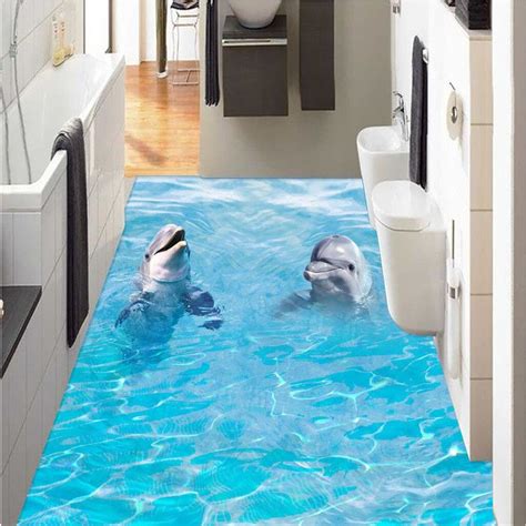 Floor Mural Wallpaper Hd Dolphin Sea Waves Waterproof Bathroom Kitchen