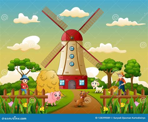 Happy Farmer With Animal On The Windmill Building Background Stock