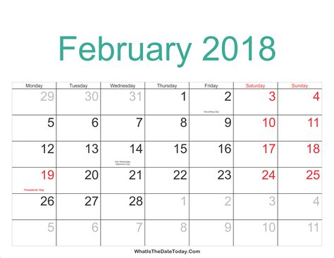February 2018 Calendar Printable With Holidays Whatisthedatetodaycom