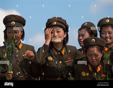 Smiling North Korean Female Soldiers In Tower Of The Juche Idea Pyongyang North Korea Stock