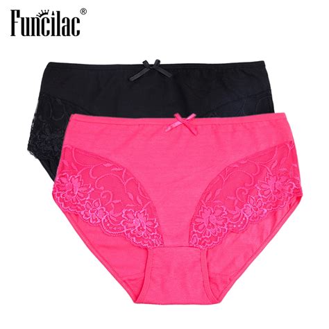 Funcilac Plus Size Panties Solid Ladies Underwear Sexy Lace Briefs For Women Cotton Female