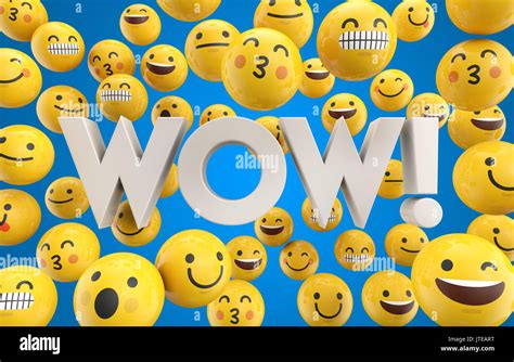 Set Of Emoji Emoticon Character Faces With The Word Wow 3d Rendering