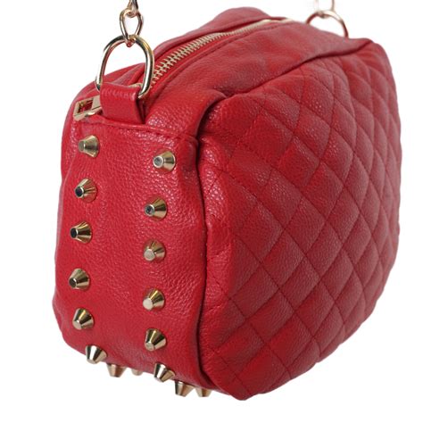 Womens Oval Quilted Faux Leather Crossbody Purse Bag W Gold Studs New