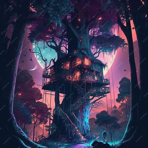 Premium Ai Image Fantasy Tree House With Planet In Background