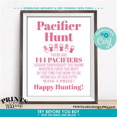 Baby Shower Pacifier Hunt Game Sign Pacifier Scavenger Hunt Custom