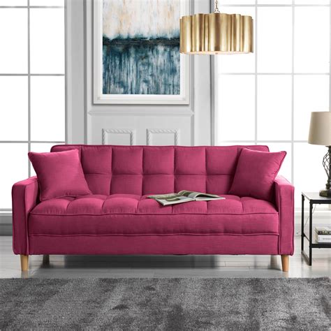 Modern Linen Fabric Tufted Small Space Living Room Sofa Couch Hot Pink