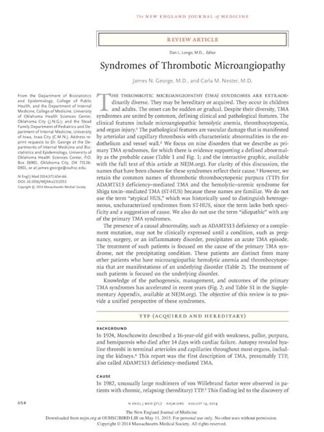 pdf syndromes of thrombotic microangiopathy · syndromes of thrombotic microangiopathy n engl j