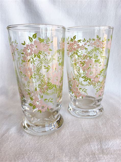 Libbey Floral Drinking Glasses Vintage Pink Tumbler Etsy Canada Crystal Glassware Antiques