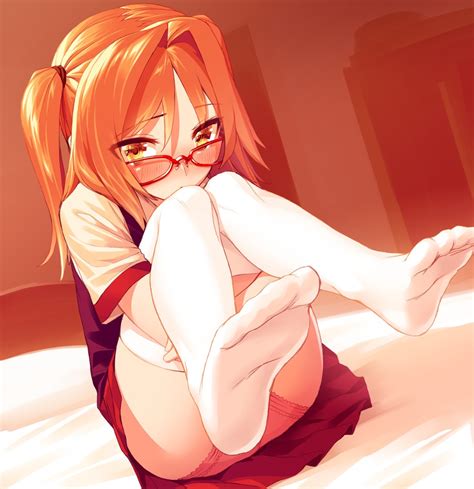Wallpaper Redhead Anime Girls Short Hair Glasses Legs Stockings