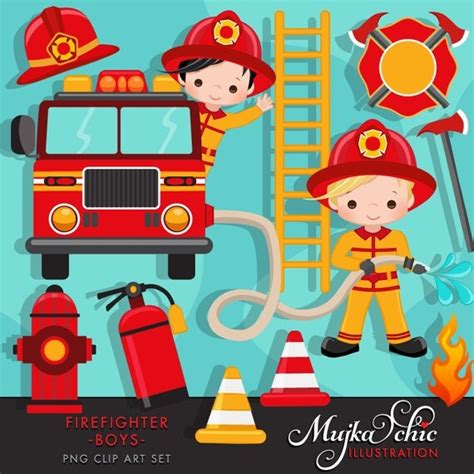 Fire Fighter Boys Clipart Cute Fireman Fire Truck Hose Fire