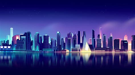 Neon City Skyline Cityscape Digital Art Landscape 4k 61052
