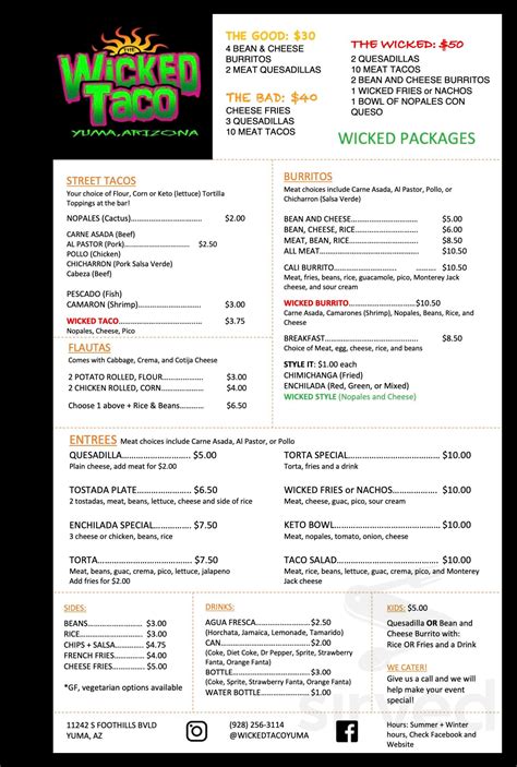 The Wicked Taco menu in Yuma, Arizona, USA