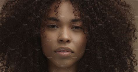 Mixed Race Black Woman Portrait With Big Afro Hair Curly Hair Stock