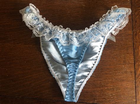 Silky Satin Sissy Panties G String Thong White Lace And Blue Etsy