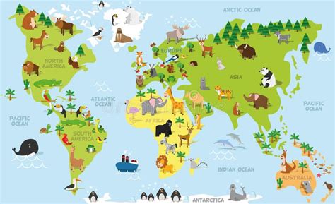 Funny Cartoon World Map With Traditional Animals Of All The Continents