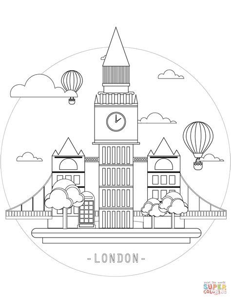 The London Skyline With Hot Air Balloons In The Sky And Clouds Above It Outlined In Black And White
